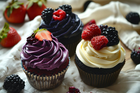 a group of cupcakes with frosting and berriesの素材