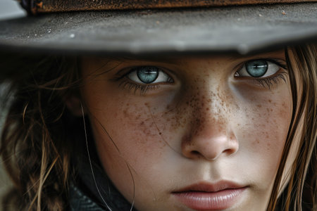 a close up of a woman wearing a hatの素材