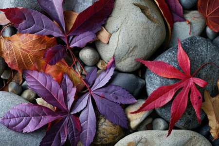 a group of rocks and leavesの素材