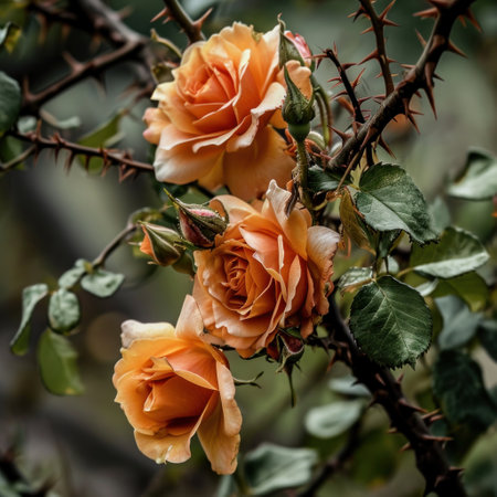 a group of orange roses on a branchの素材