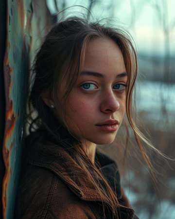 a woman leaning against a rusty wallの素材
