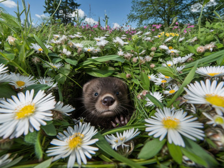 a small animal in a field of flowersの素材