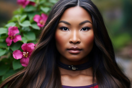 a woman with long hair and a chokerの素材