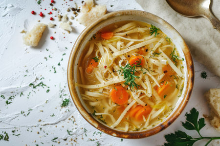 a bowl of soup with noodles and carrotsの素材