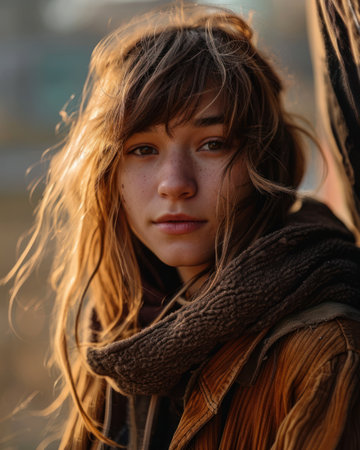 a woman with long hair and frecklesの素材