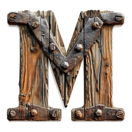 a wooden letter with metal boltsの素材