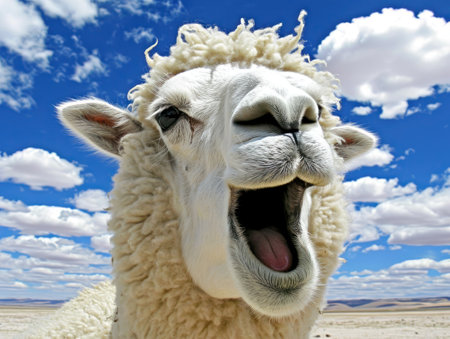 a close up of a llama with its mouth openの素材