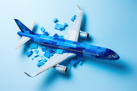 a blue airplane with pieces of paperの素材