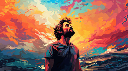 a man looking up at the skyの素材