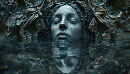 Serene face emerging from water with ornate detailsの素材