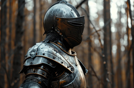 Medieval knight in armor standing in a forestの素材