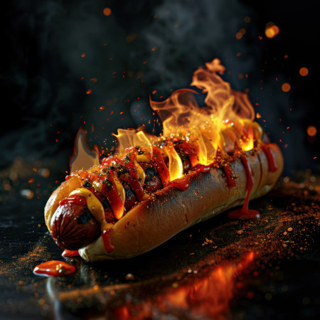 Fiery Hot Dog with Glowing Embers and Smokeの素材