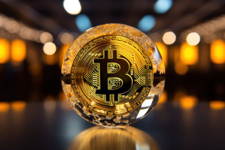 Golden Bitcoin Cryptocurrency on Reflective Surfaceの素材