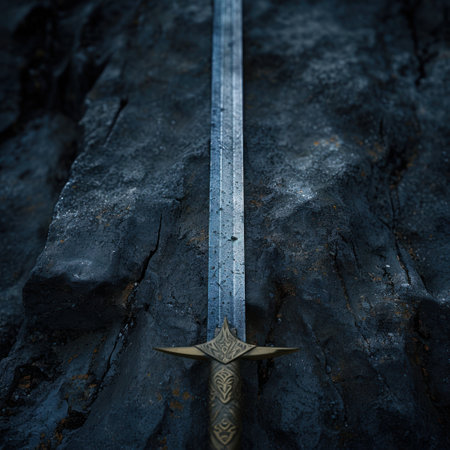 Medieval sword embedded in rockの素材