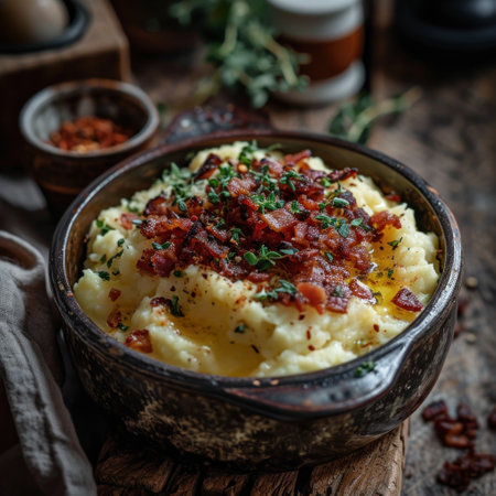 Delicious homemade mashed potatoes with bacon and herbsの素材