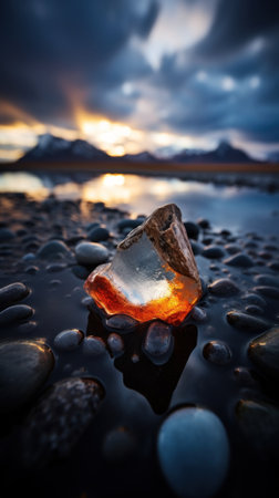 Sunset Glow Through a Translucent Ice on a Pebble Beachの素材