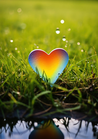 Colorful heart in grass with morning dewの素材