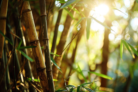 Sunlight filtering through a serene bamboo forestの素材