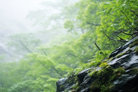 Misty Forest Landscape with Lush Green Foliageの素材