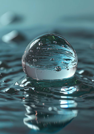 Close-up of a pristine water droplet on a reflective surfaceの素材