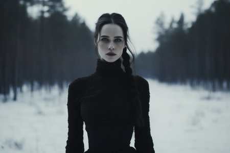 Mysterious Woman Standing in Snowy Forestの素材