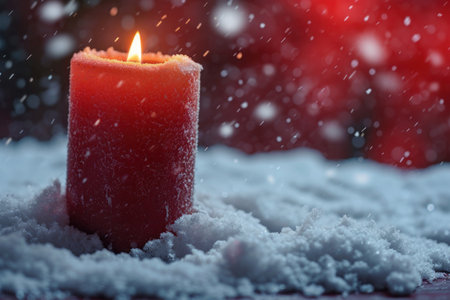Burning candle in the snow with festive backgroundの素材