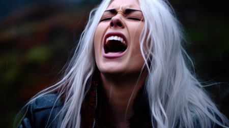 Woman expressing strong emotion in the rainの素材