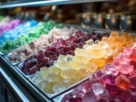Colorful Assortment of Gourmet Candies in a Display Caseの素材