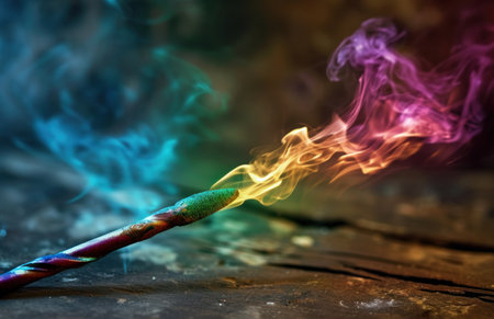Colorful smoke rising from a burning incense stickの素材