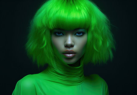 Fashion model with vibrant green hair and clothing posing against a dark backgroundの素材