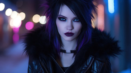 Mysterious woman with gothic makeup in urban night settingの素材