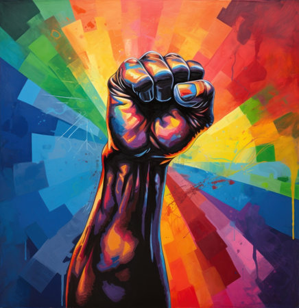 Colorful raised fist on abstract background representing strength and diversityの素材