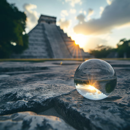 Crystal Ball in Front of Ancient Pyramid at Sunsetの素材