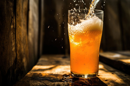 Refreshing beer pour into glass with splash on wooden backgroundの素材