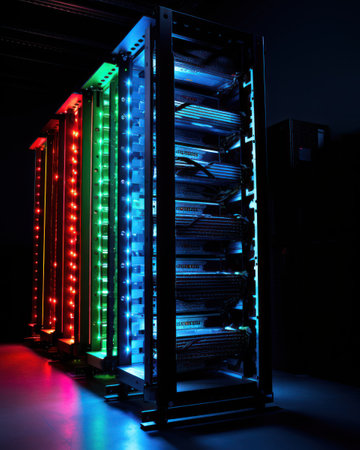 Futuristic server racks with neon lighting in a dark data centerの素材