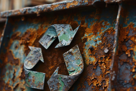 Close-up of Rusty Recycle Symbol on Metal Surfaceの素材