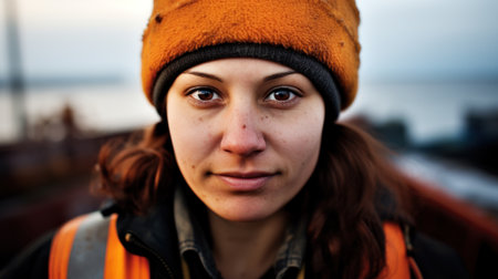 Portrait of a young woman in a beanie looking at the cameraの素材
