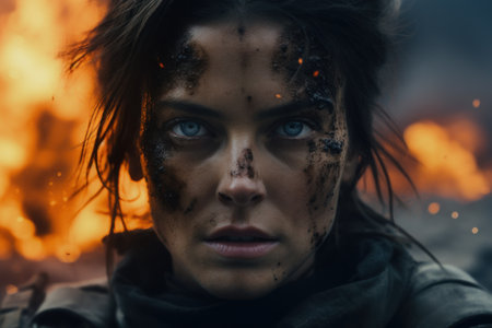 Intense woman with a determined expression in front of a blazing fireの素材