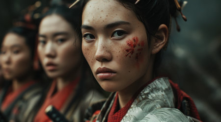 Determined warrior woman with battle scarsの素材