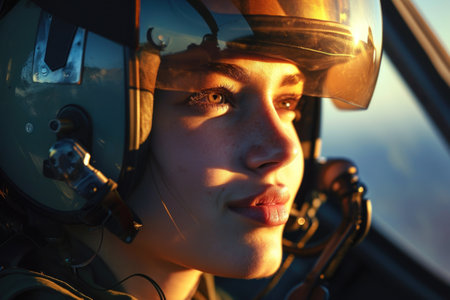 Confident female pilot in cockpit during golden hourの素材