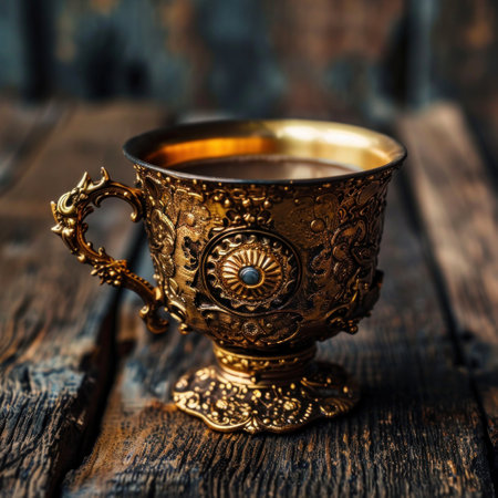 Vintage ornate cup on a rustic wooden backgroundの素材