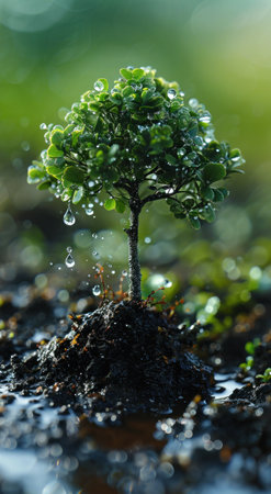 Young plant sprouting with water droplets in morning lightの素材