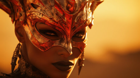 Mysterious person in an ornate mask at sunsetの素材