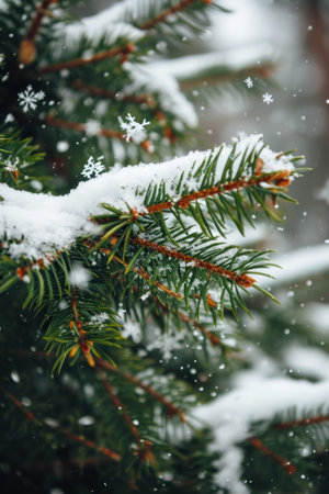 Snowflakes gently resting on evergreen pine branchesの素材