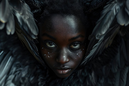 Mysterious woman with dark angel wingsの素材