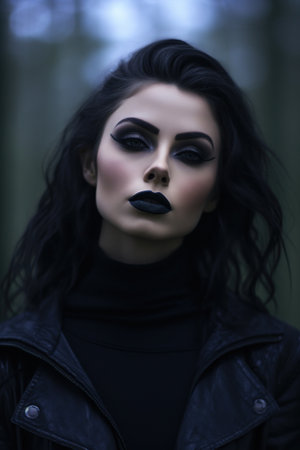 Mysterious woman with dramatic makeup in a dark forest settingの素材