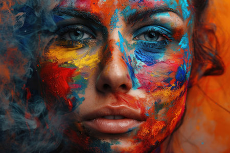 Portrait of a Woman with Colorful Face Paint and Smokeの素材