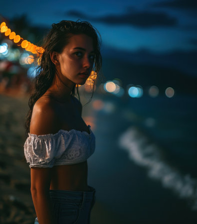 Young woman standing on the beach at twilightの素材