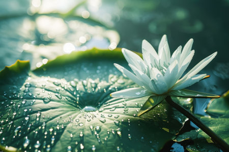 Serene Water Lily on a Pond with Dew Dropsの素材