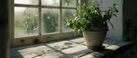 Potted plant basking in the sunlight by a windowの素材
